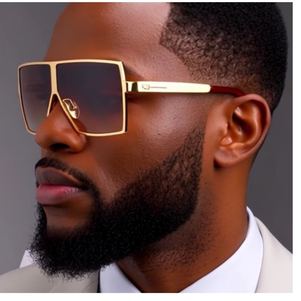 Oversized Square Sunglasses‎ Men Gold Frame Gradient Brown Lenses Fashion Shades